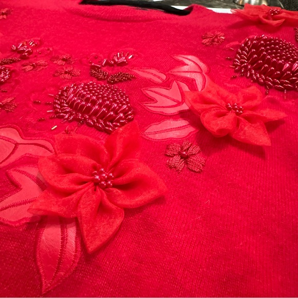 vintage cranberry red embroidered beaded holiday sweater angora wool HONG KONG - Picture 11 of 14